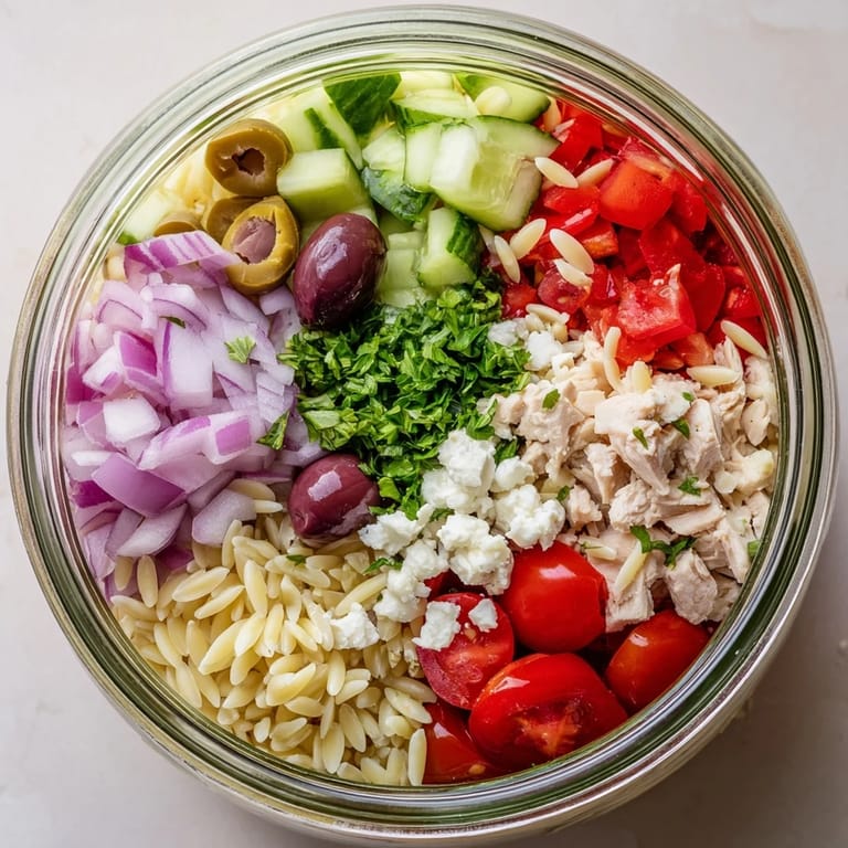 Bright Mediterranean Greek Pasta Chicken Salad Jars show colorful layers of vegetables, olives, and creamy feta, ready to shake and serve for a quick work lunch.