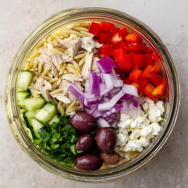 Freshly prepared Greek Pasta Chicken Salad Jars display vibrant ingredients in clear glass, perfect for meal prep, showcasing hearty chicken, crunchy veggies, and tangy feta.