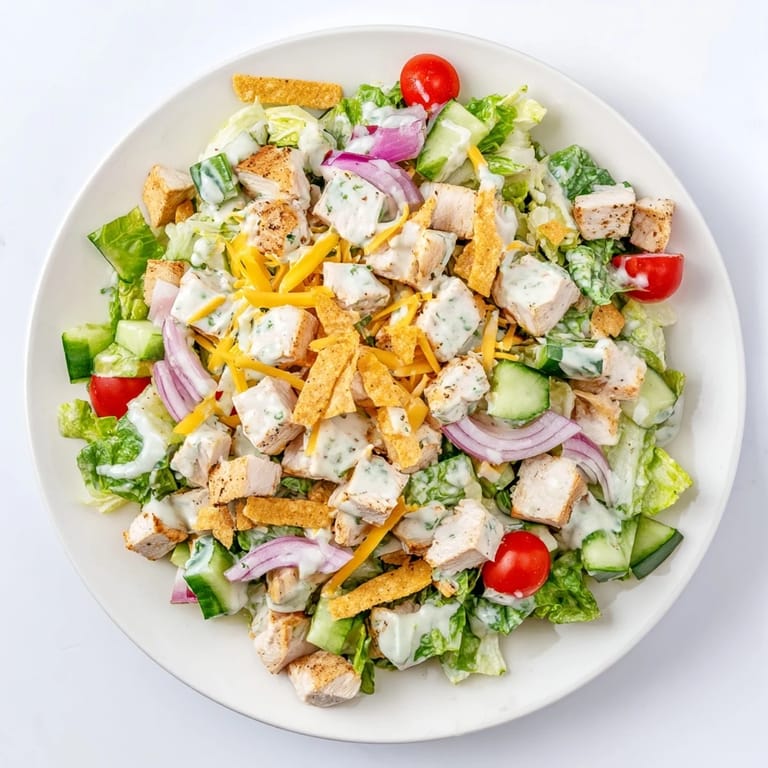 Tender chopped chicken breast tossed in creamy jalapeño ranch, served over crisp romaine with shredded cheddar and bright cherry tomatoes.  