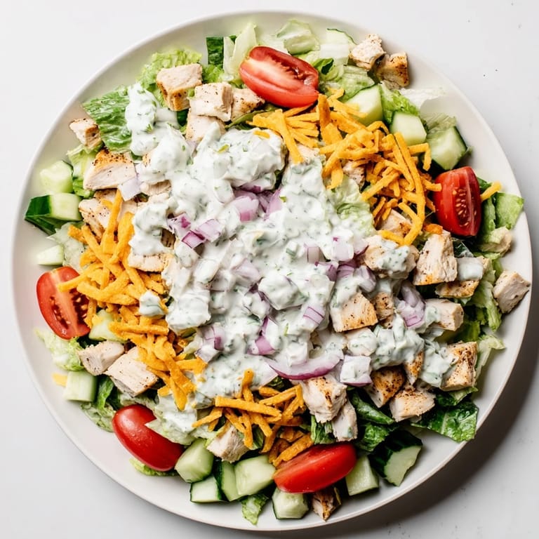 Zesty jalapeño ranch chicken salad with crunchy romaine, diced cucumber, and golden tortilla strips for an American main dish.
