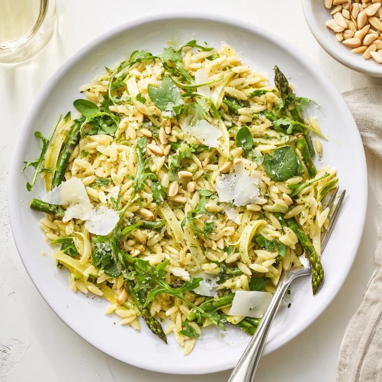 A spring Asparagus Lemon Orzo Salad with shaved asparagus, baby arugula, and toasted pine nuts, tossed in a zesty lemon-olive oil dressing.