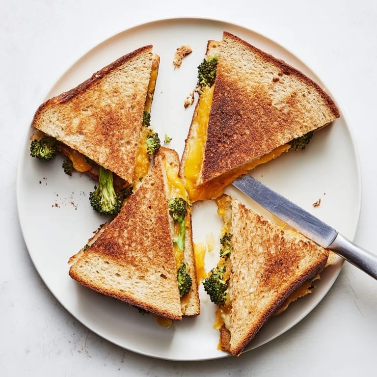 Crispy grilled sandwich overflowing with tender roasted broccoli florets and gooey sharp cheddar on a rustic cutting board.