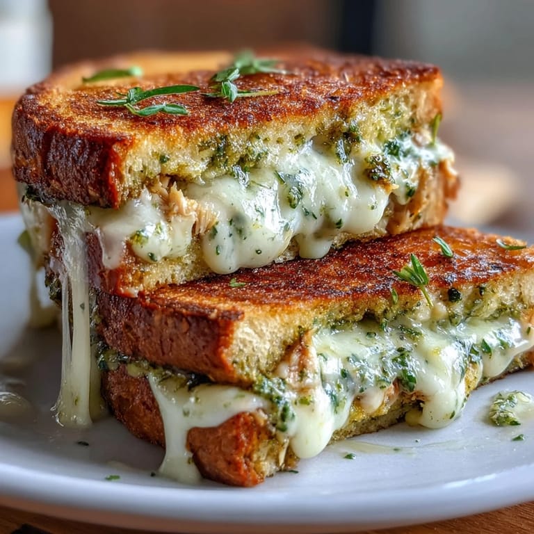 The gooey mozzarella and shredded chicken grilled cheese sandwich, sliced in half to reveal its warm, delicious layers.