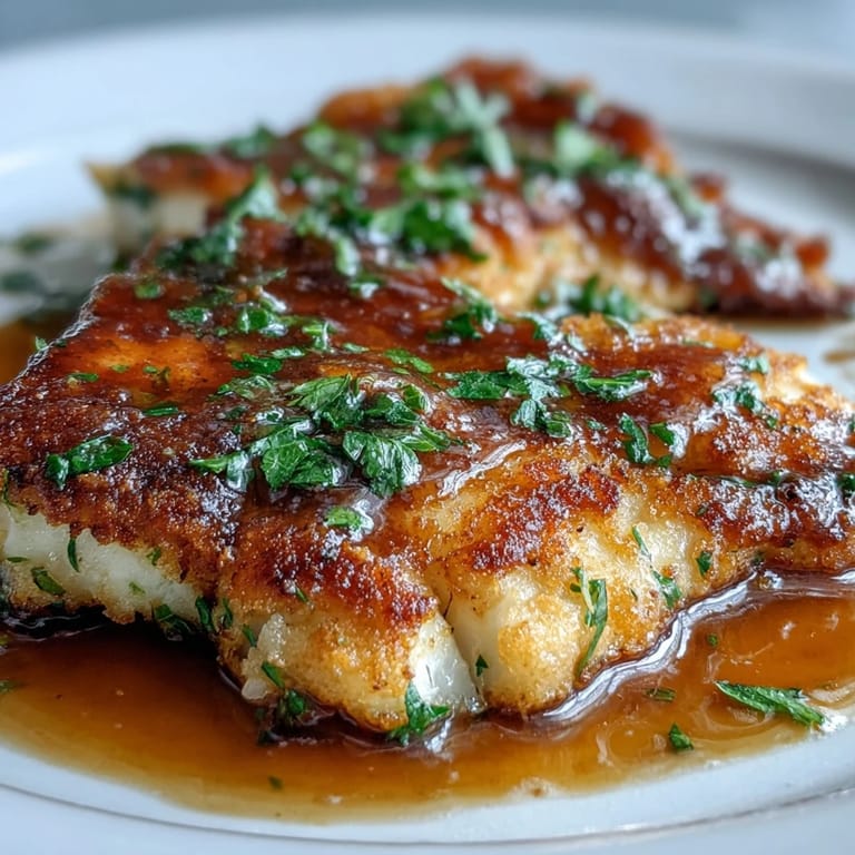 Close-up of a flounder meunière dish, showcasing crispy edges and a vibrant, buttery lemon sauce ready to be served.  