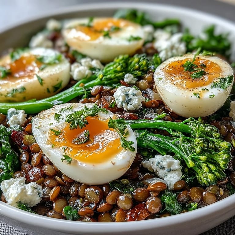 Hearty French Lentil Salad With Broccolini and Soft-Cooked Eggs features vibrant green veggies, tender lentils, and creamy goat cheese.  