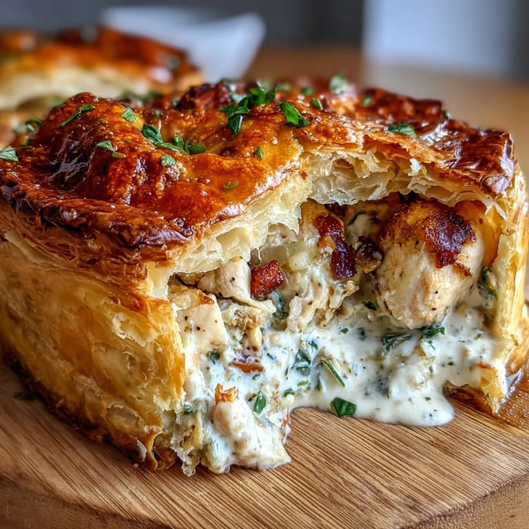 A rustic slice of chicken and leek pie reveals tender meat and smoky bacon in a rich sauce.