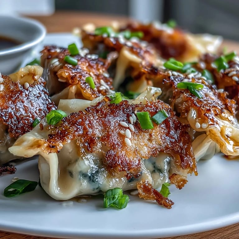 Homemade smashed gyozas arranged on a plate with a small bowl of soy-vinegar dipping sauce for an easy weeknight meal.