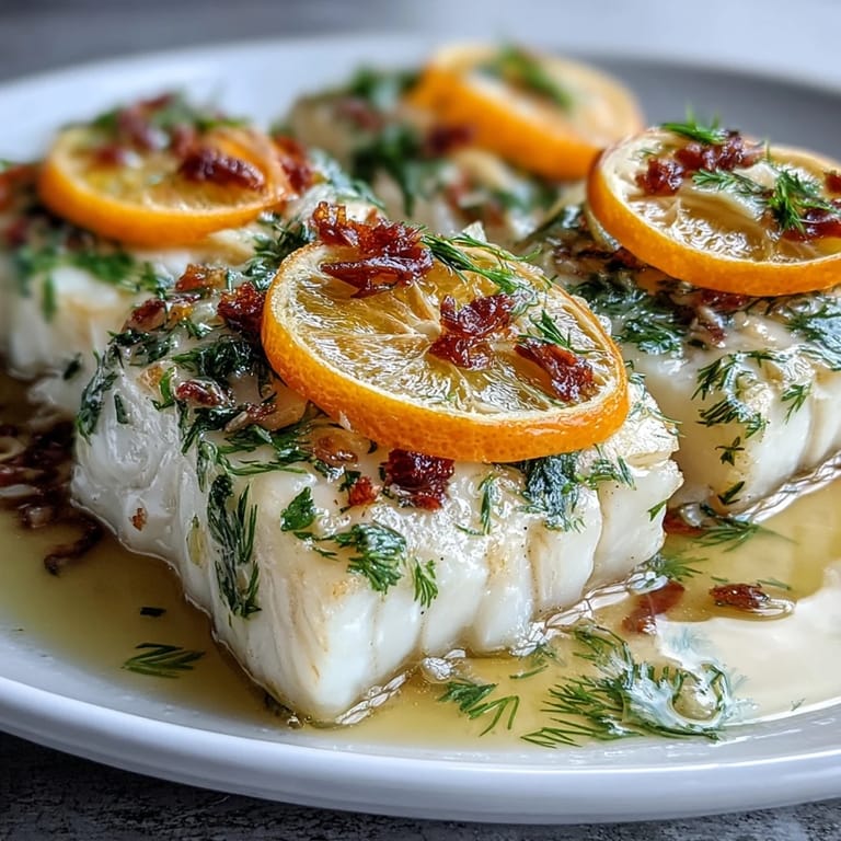 A serving of Poached Cod With Fennel and Orange plated with the aromatic poaching liquid, fresh herbs, and vibrant orange zest.