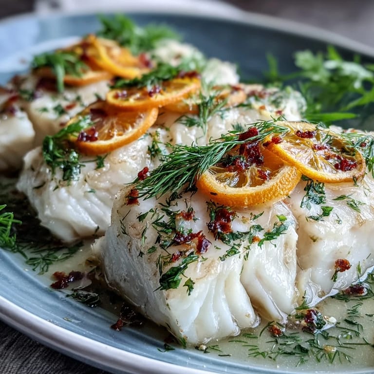 Overhead view of Poached Cod With Fennel and Orange in a wide skillet, gently simmering with olive oil and smashed garlic.