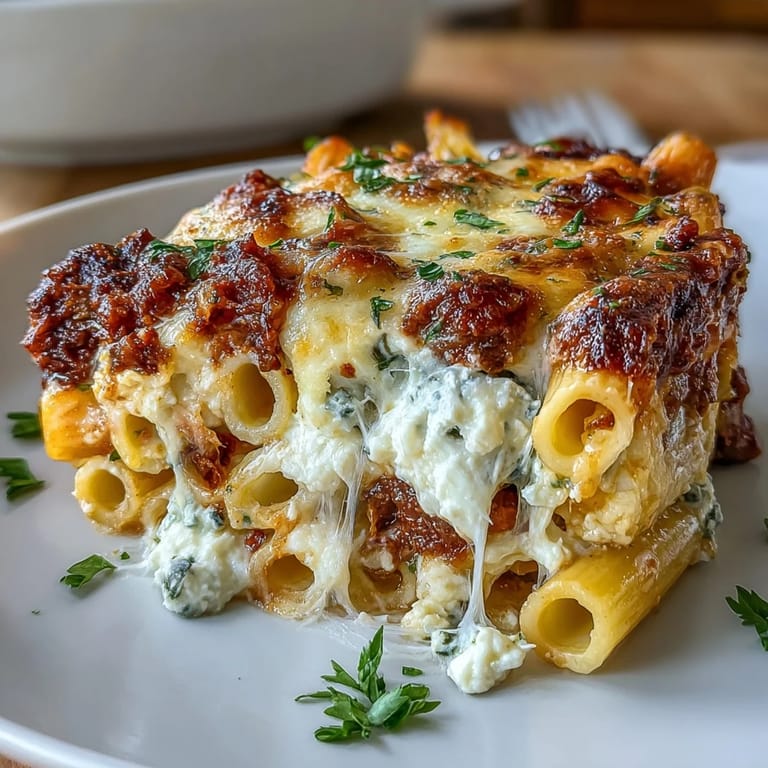 Hearty slice of Freezer Make-Ahead Baked Ziti served on a white plate, showcasing a perfect cross-section of pasta, savory tomato sauce, and melted cheese layers.