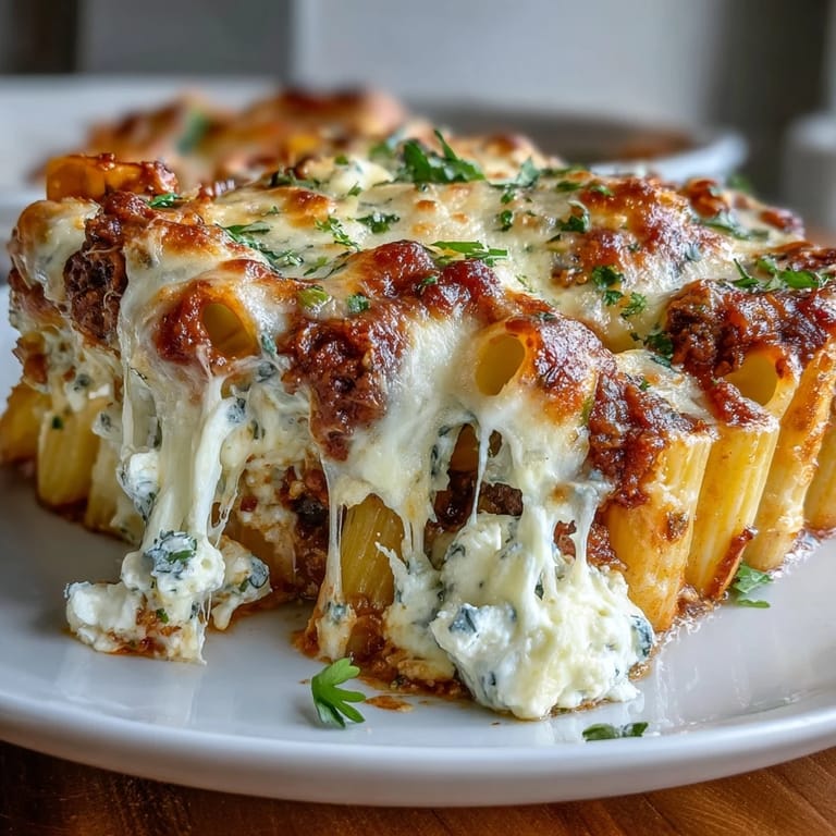 Freezer Make-Ahead Baked Ziti ready to serve, garnished with fresh basil leaves and paired with a crisp green salad and garlic bread for a complete meal.