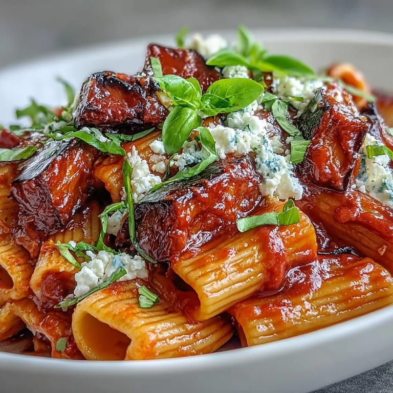 An overhead view of Pasta alla Norma, highlighting the golden-brown eggplant and bright red sauce, topped generously with grated ricotta salata and a sprig of basil.