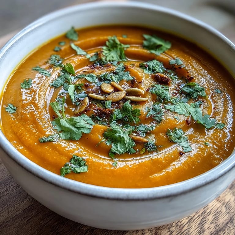 Creamy, dairy-free Carrot Ginger Soup swirled with coconut milk and topped with toasted pumpkin seeds for a nutty crunch.