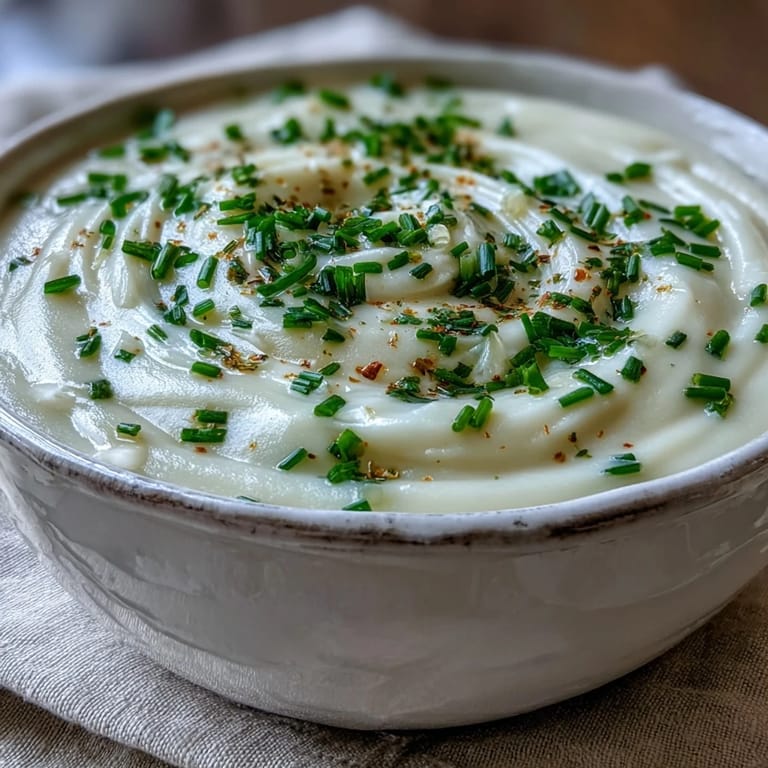 Potato leek soup served hot with a drizzle of olive oil, paired with crusty bread for dipping.  