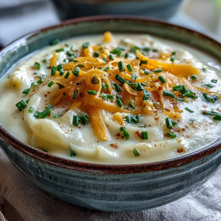 Velvety cream of potato soup garnished with sharp cheddar cheese and black pepper, steaming gently in a cozy kitchen setting.  