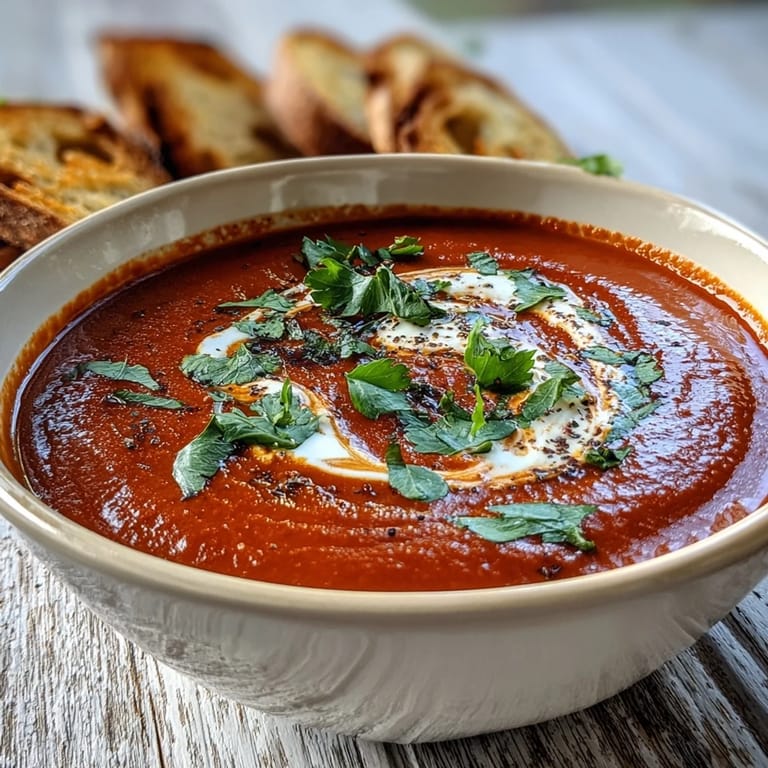 Roasted red pepper soup served with crusty bread, highlighting the smooth texture and smoky aroma.  
