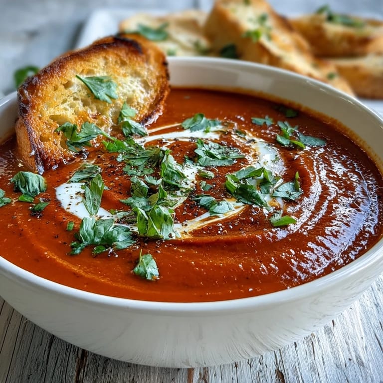 Silky roasted red pepper soup in a rustic bowl, topped with a dollop of yogurt and herbs.