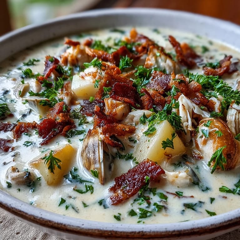 A hearty bowl of New England Clam Chowder served with crusty bread on a cozy table.