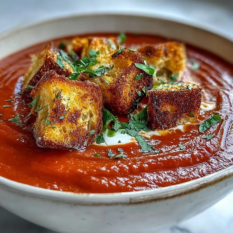 Top-down view of creamy roasted red pepper soup topped with crispy croutons and herbs.