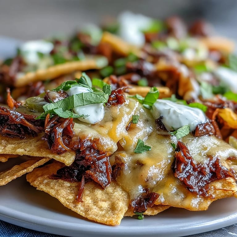 A close-up of bubbling BBQ Beef Nachos with diced tomatoes, red onion, and creamy sour cream, ready for game day.