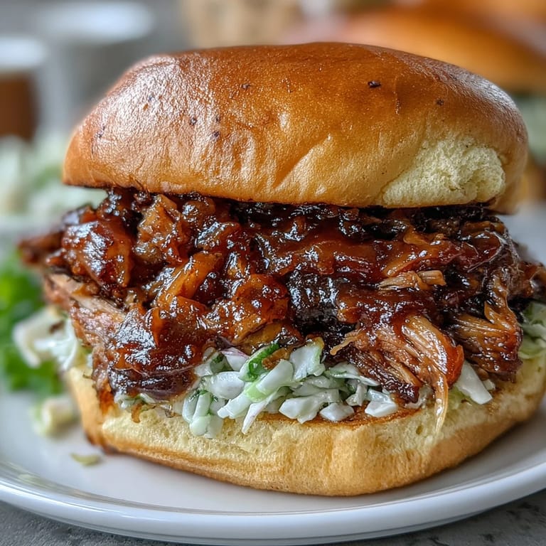 Shredded pork simmered in applesauce and cider, served with creamy coleslaw topping.