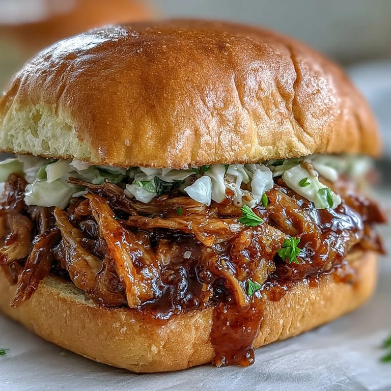 Close-up of saucy Applesauce Pulled Pork Sandwiches on parchment with pickles nearby.