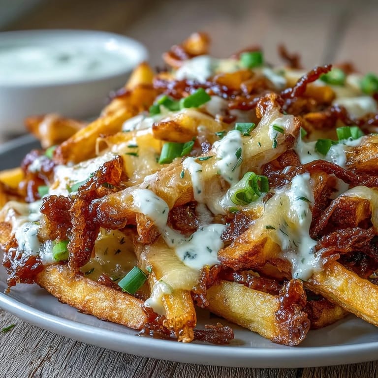 Oven-baked fries with smoky BBQ seasoning, gooey melted cheese, and fresh herbs, ready to serve as a hot snack.