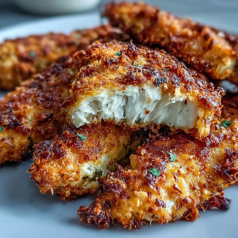 Crunchy Air Fryer Chicken Strips arranged on a wooden board, showing off a golden Parmesan and breadcrumb crust.
