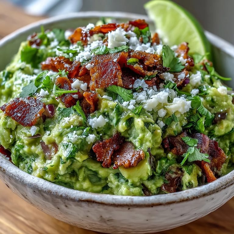 Smoky Bacon Guacamole with Cotija cheese is served with crisp tortilla chips and lime wedges on a vibrant, festive table.