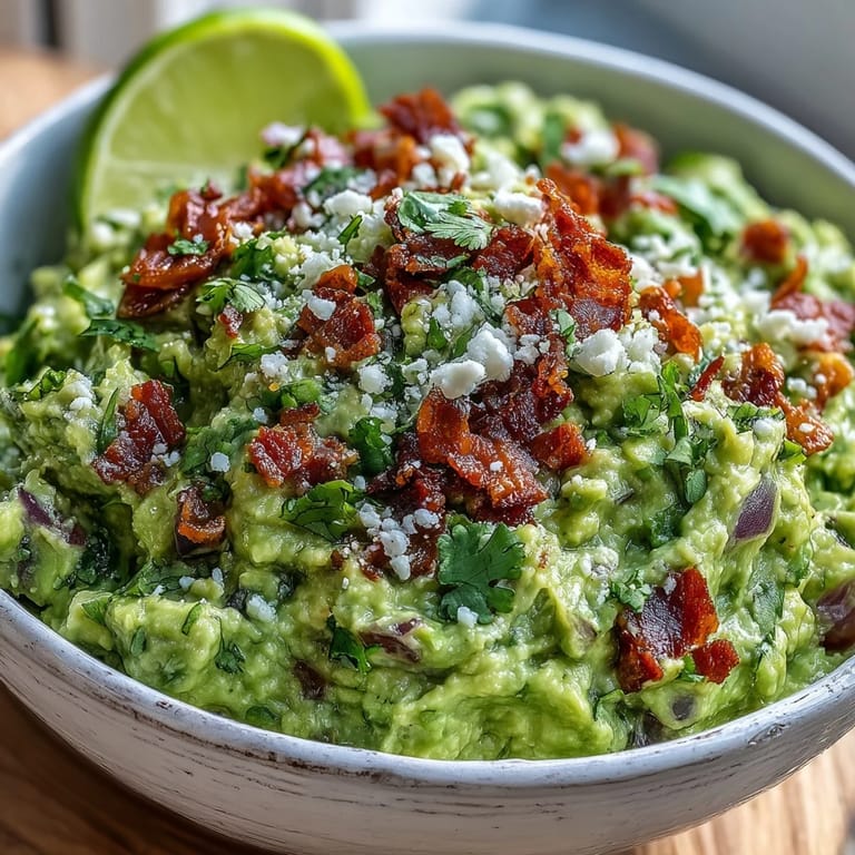 Homemade Bacon Guacamole with Cotija cheese is garnished with diced tomatoes and red onion for a zesty, crowd-pleasing dip.