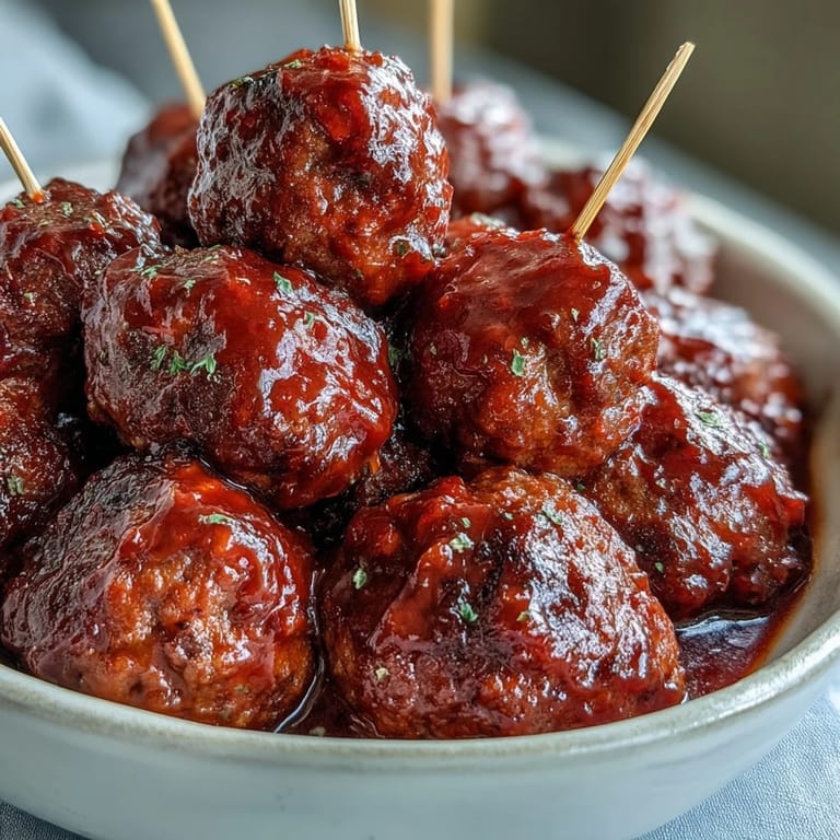 A spoon lifts sticky Grape Jelly and Chili Sauce Meatballs over fluffy rice, the glossy sauce pooling around tender bites perfect for a quick weeknight appetizer or game day spread.