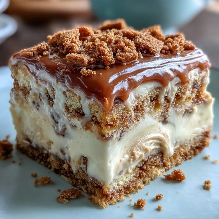Decadent Baked Biscoff Cake with Creamy Lotus Frosting sits on a rustic table next to a steaming mug of black coffee.