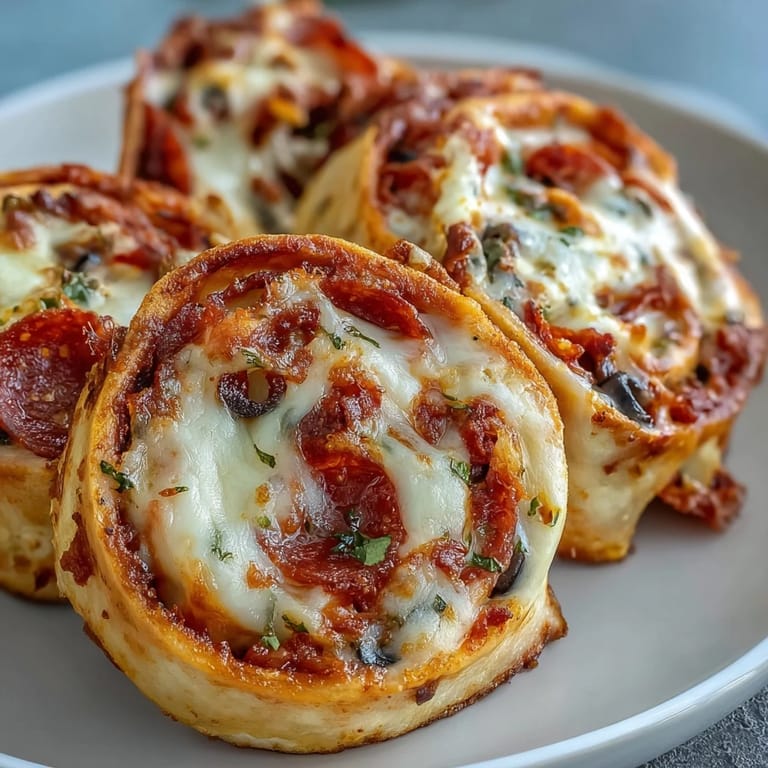 On a marble countertop, golden Tortilla Pizza Rolls are plated with a small bowl of warm marinara. Steam rises from the bubbly mozzarella inside the sliced spirals. Ready for lunch or party appetizers.