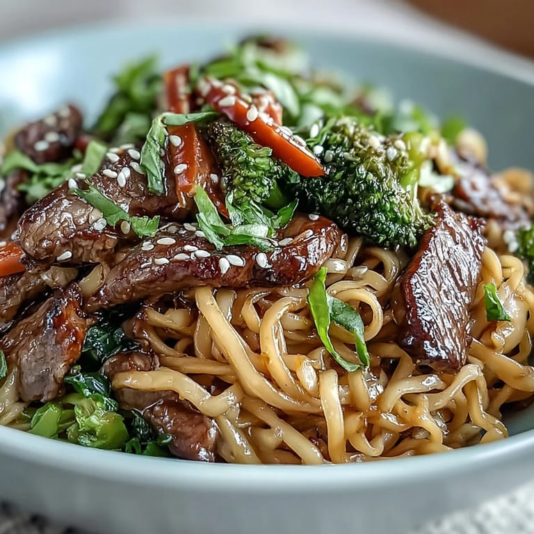 A close-up of savory Korean Beef Noodles garnished with green onions and sesame seeds.