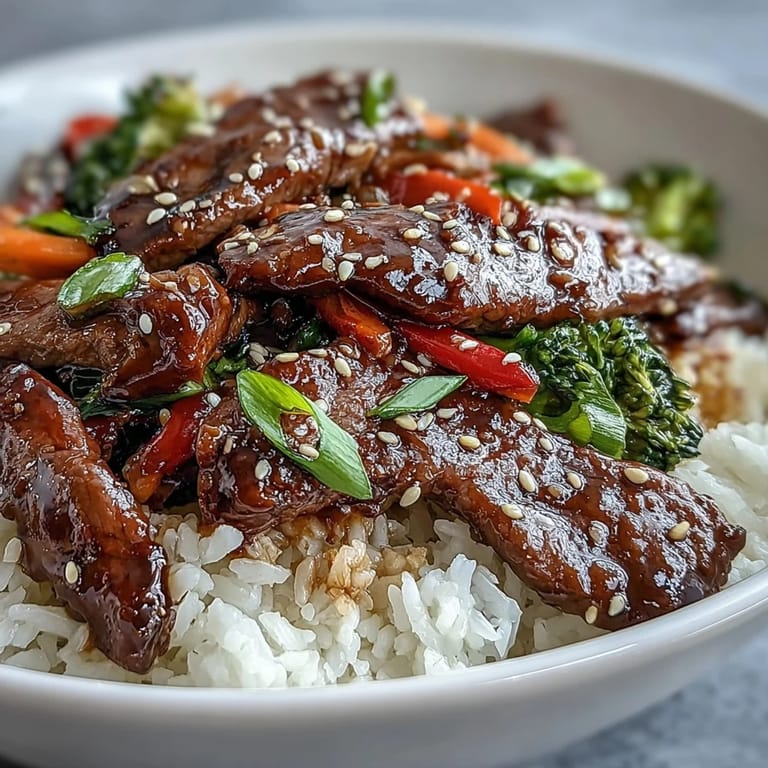 Savory teriyaki beef bowl with juicy slices, colorful broccoli, and bell peppers served hot over a bed of white rice.