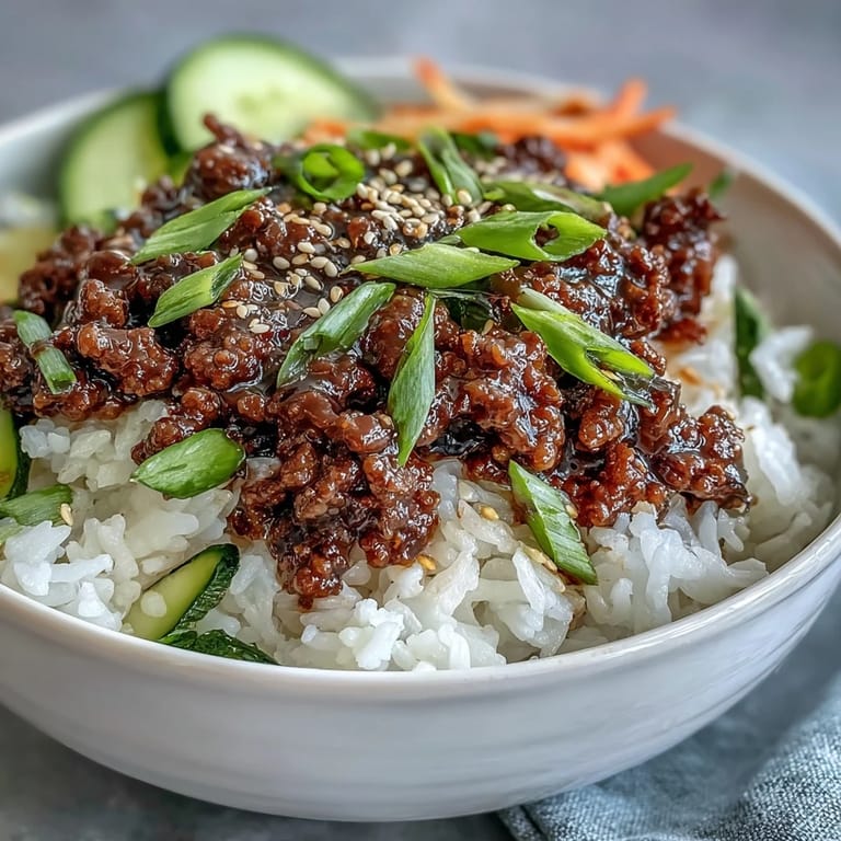 A close-up of a vibrant Korean Ground Beef Bowl, featuring saucy ground beef, fresh green onions, sesame seeds, and colorful pickled vegetables on white rice.  