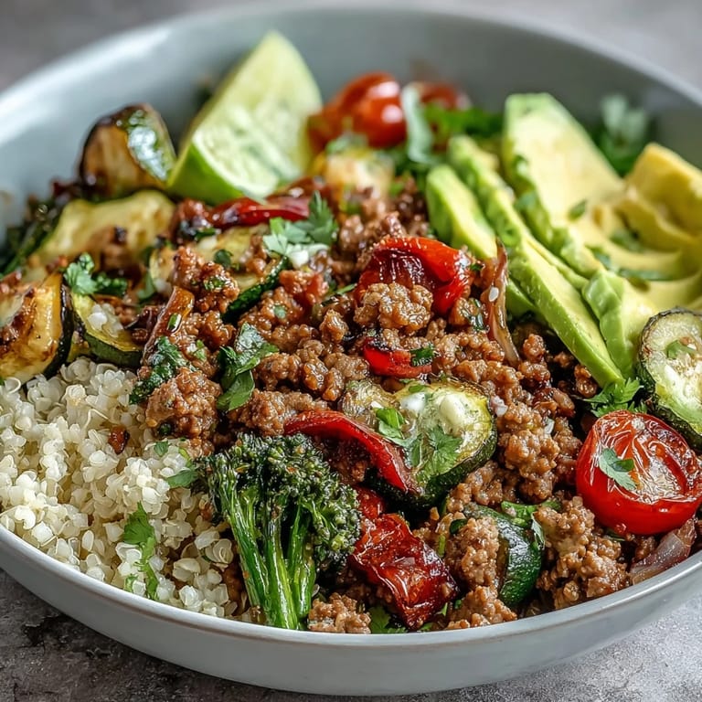 Easy-to-make Ground Turkey Bowl with seasoned meat, oven-roasted broccoli and bell peppers, served over quinoa and finished with sliced avocado and a squeeze of lime.