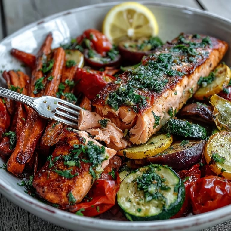 Freshly roasted Sheet Pan Salmon and Veggies Bowl, featuring caramelized red onion wedges, tender zucchini, and juicy cherry tomatoes beside flaky, perfectly cooked salmon.