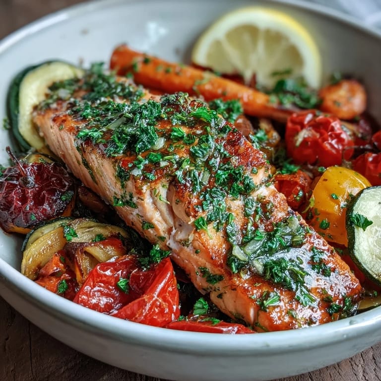 Healthy Sheet Pan Salmon and Veggies Bowl served on a rustic plate with lemon wedges, showcasing a vibrant medley of seasonal vegetables for a quick dinner.