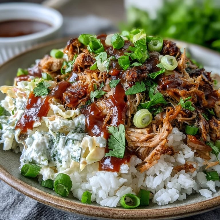 A hearty Pulled Pork Bowl garnished with fresh cilantro and green onions, showcasing smoky barbecue flavors and crisp cabbage slaw against a bed of rice.  