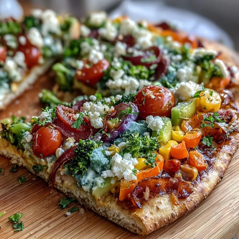 Celebrate St. Patrick's Day with this festive flatbread pizza featuring a cheerful rainbow of cherry tomatoes, bell peppers, and purple cabbage atop melted mozzarella.