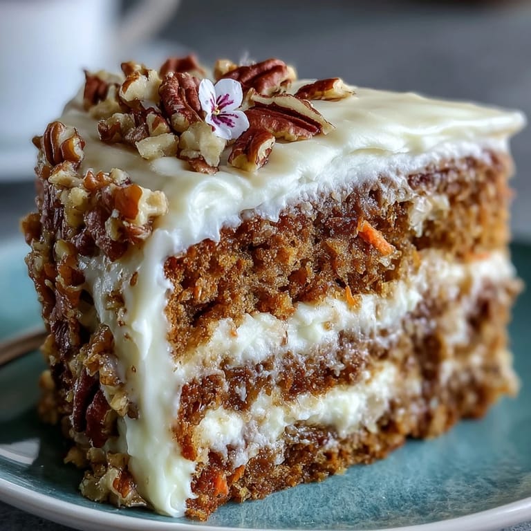 Moist carrot and walnut spring layer cake with tangy cream cheese frosting, perfect for Easter or any springtime celebration.