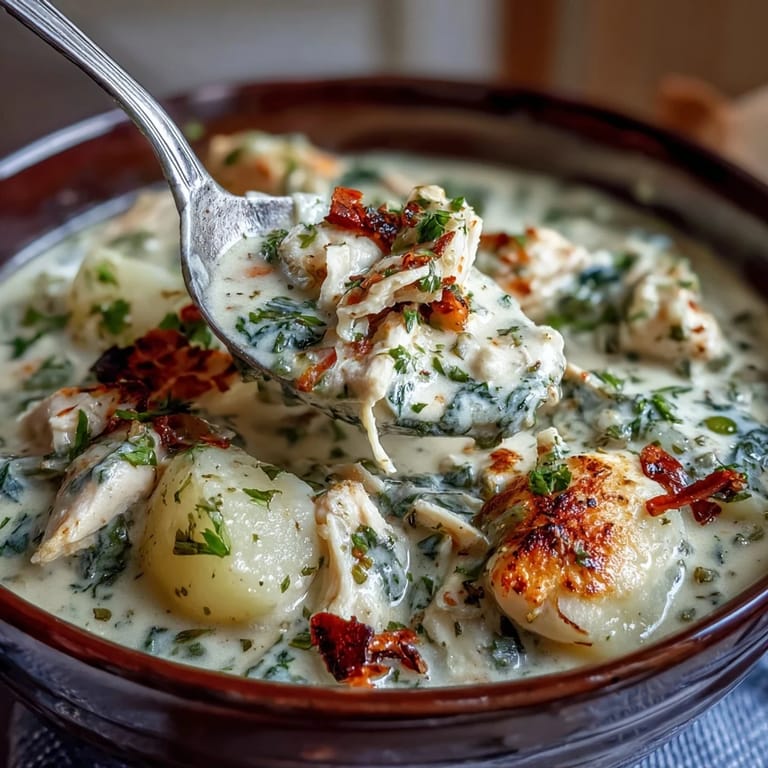 Comforting chicken pot pie soup served in a rustic bowl, topped with golden puff pastry.  