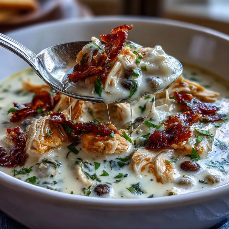 Hearty Slow Cooker Chicken Pot Pie Soup with chunks of potato, carrots, and peas in a rich broth.
