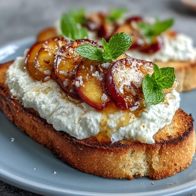 Golden toasted bread topped with creamy burrata, juicy peach slices, and a drizzle of honey—ideal for a light meal.  