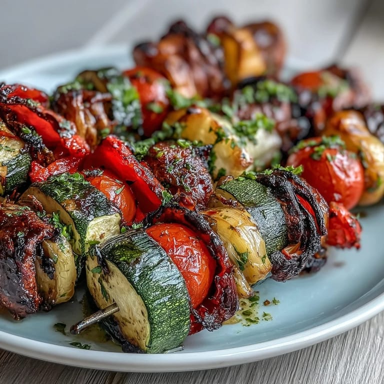 Vibrant grilled veggie skewers with chimichurri sauce, featuring charred eggplant and cherry tomatoes for a smoky flavor.  