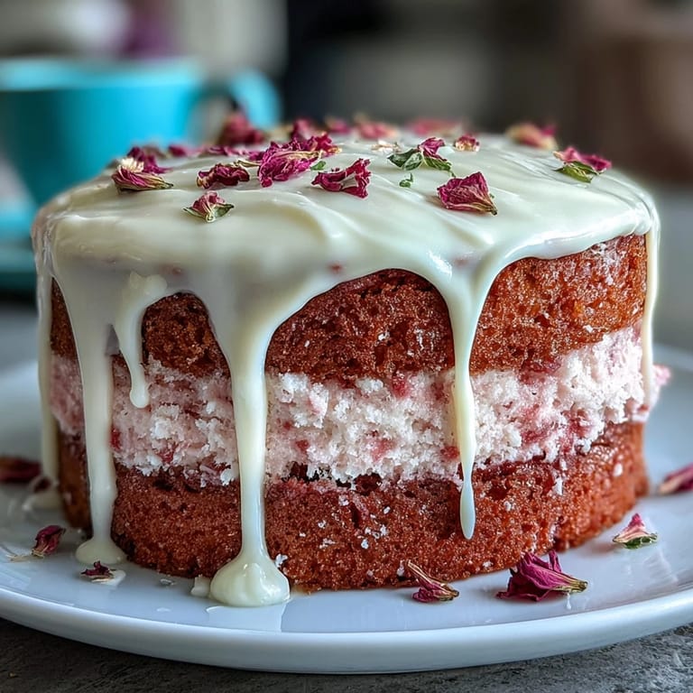 Floral drip cake featuring moist vanilla layers, creamy strawberry buttercream, and white chocolate ganache, garnished with edible blossoms for a stunning spring treat.