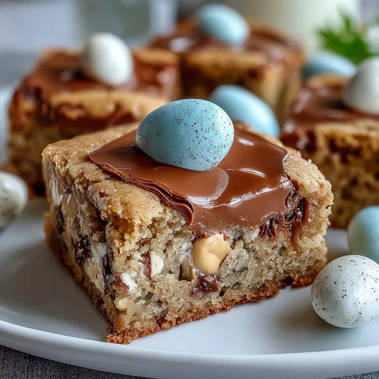 Creamy peanut butter cookie bars loaded with pastel Easter egg chocolates, baked in a square pan for easy serving.