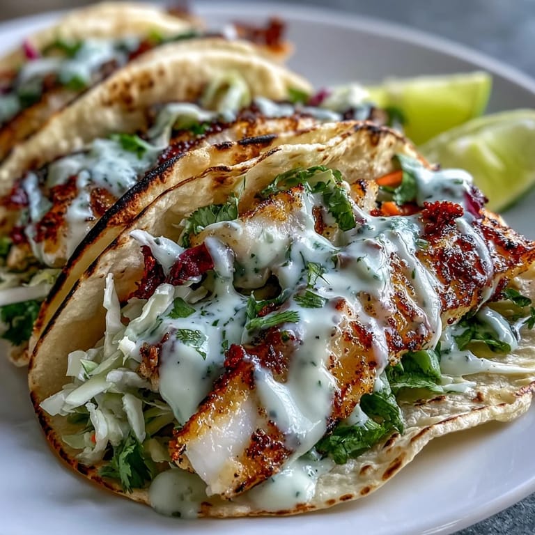 Grilled white fish tacos infused with coconut and lime, paired with vibrant slaw and creamy coconut lime sauce for a fresh meal.