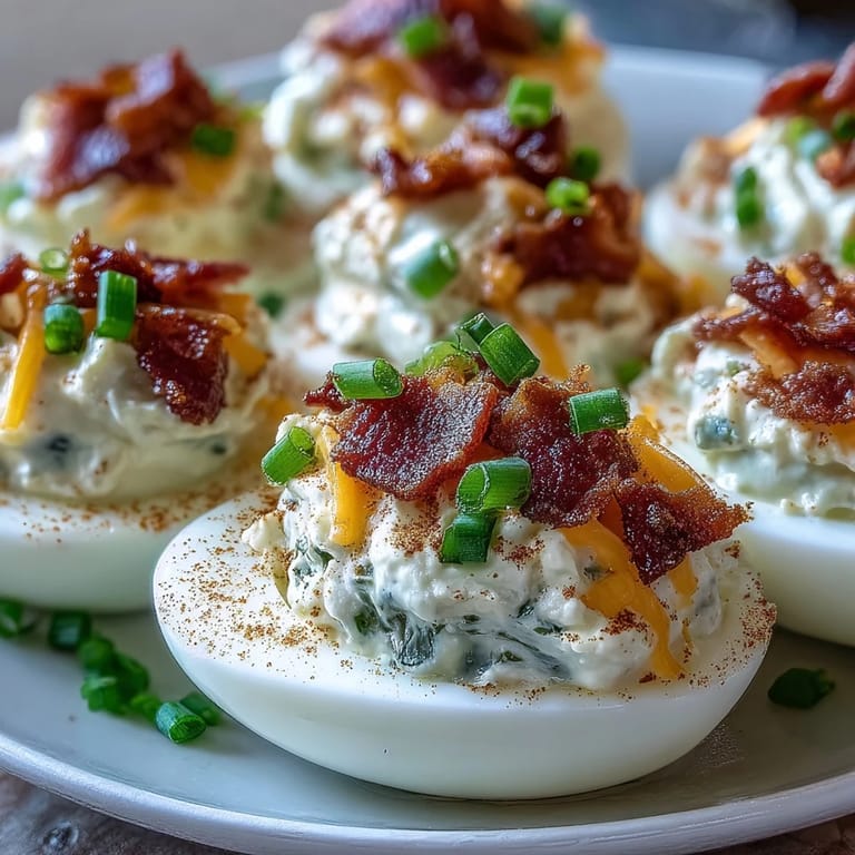 Jalapeño popper deviled eggs topped with crispy bacon and extra jalapeño slices for heat.